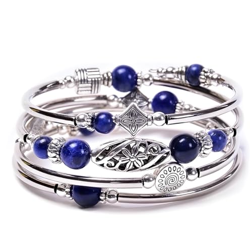 Boho Wrap Beaded Bracelet for Women – Handmade Natural Stone Jewelry – Stainless Steel Adjustable Ethnic Chic Gift - color: Blue Grain Stone