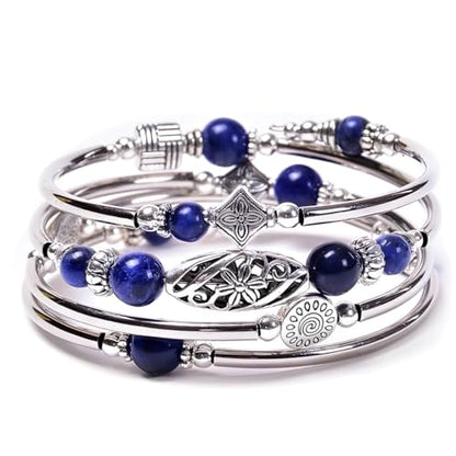 Boho Wrap Beaded Bracelet for Women – Handmade Natural Stone Jewelry – Stainless Steel Adjustable Ethnic Chic Gift - color: Blue Grain Stone
