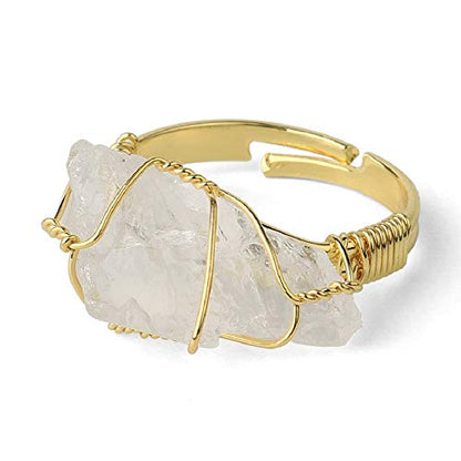 COLORFUL BLING Raw Healing Crystal Natural Stone Ring Statement Copper Wire Wrapped Irregular Crystal Gemstone Adjustalble Ring Jewelry for Women - color: Clear,Quartz