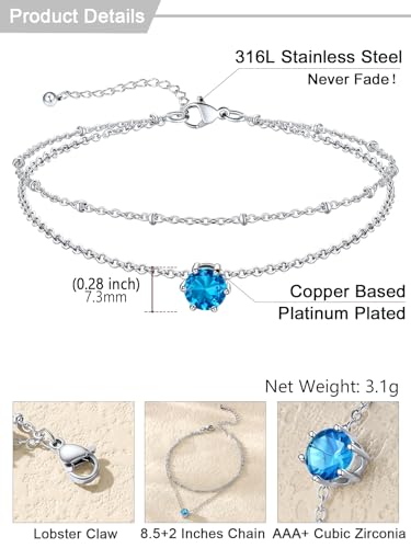 U7 Silver Ankle Bracelet for Women, Waterproof Layered Ankle Round Gem Birthstone Anklets, Summer Beach Foot Jewelry, Adjustable 8.5"-10.5" - color: 12.December-Blue Topaz