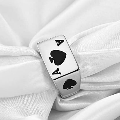 VQYSKO 14K Gold Plated Square Signet Ring | Stainless Steel Band for Men - color: Silver Spade Ace