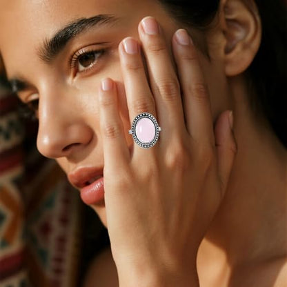 Retro Sterling Silver Stone Ring,Antique Natural Real Oval Crystal Quartz Gemstone Boho Bohemian Ring Jewelry for Women - color: A19_Pink Agate