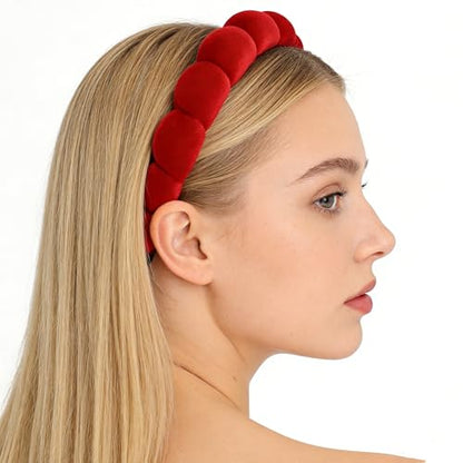 Headbands for Women Girls, Fashion Wide Headband Yoga Workout Head Bands Hair Accessories, Padded Fabric Hair Bands Red Velvet Headband, Red - color: Red