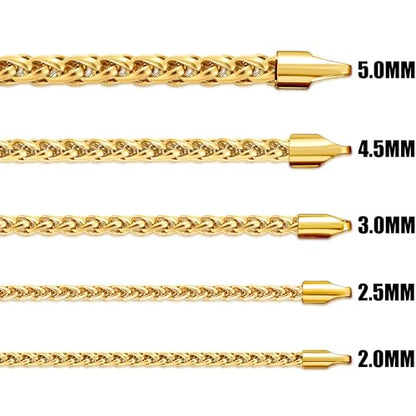 Fiusem Wheat Chains for Men and Women, Silver Tone/Black/14K Gold Plated | 2/2.5/3/4/5mm Stainless Steel Necklace Chain, Mens Necklace Jewelry Gift 16-28 Inch - size: 16 Inches, style: Gold 2.1MM