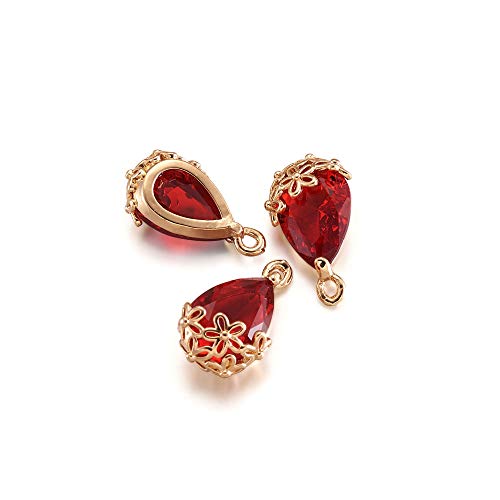 FASHEWELRY 50Pcs Faceted Transparent Glass Teardrop Pendants Crystal Glass Dangle Oval Drop Bead Charms with Golden Flower Open Back Settings for Jewelry Craft Making - color: Red