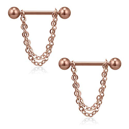 Ruifan Surgical Steel Nipple Shield Rings Tongue Barbell Piercing Jewelry Retainer 14G 5/8Inch Chain Dangle Clear CZ For Women Men 2-20PCS - color: 2PCS - Rose Gold w Balls