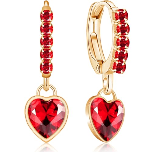 Sparkly Crystal Love Heart Dangle Drop Earrings Dainty Rhinestone Tiny Heart Huggie Hoop Earrings For Women - color: Red