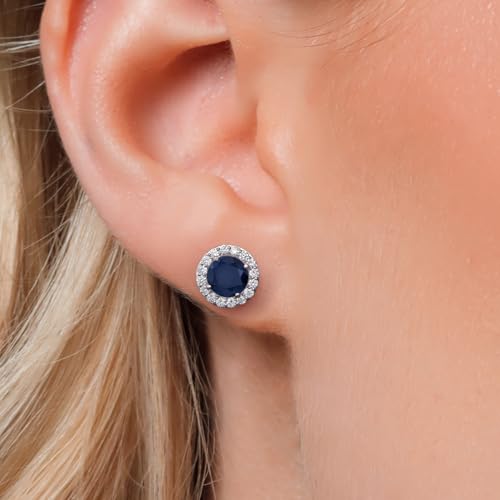 Gem Stone King 14K White Gold 6MM Round Gemstone Birthstone Stud Earrings with Removable Jackets and Lab Grown Diamond Accents | Gold Earrings For Women | Fine Jewelry Gift for Her Mom Women Wife - color: Blue Sapphire-September