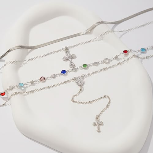 Layered Cross Necklace Set for Women, Layered Choker Necklaces Trendy Jewelry, Colorful Enamel Beaded Y-Shaped Lariat Necklace, Boho Multilayer Cross Necklace for Party and Daily Wear - color: Silver-04