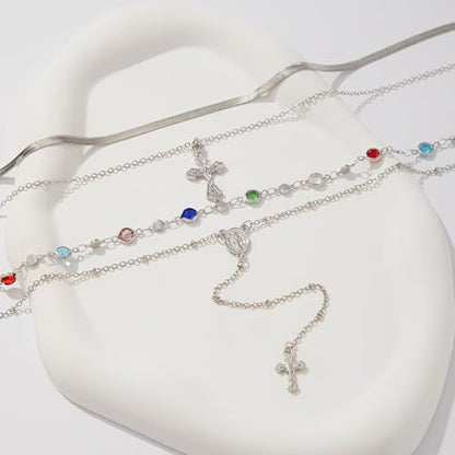 Layered Cross Necklace Set for Women, Layered Choker Necklaces Trendy Jewelry, Colorful Enamel Beaded Y-Shaped Lariat Necklace, Boho Multilayer Cross Necklace for Party and Daily Wear - color: Silver-04