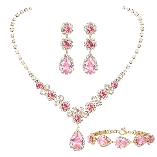 Paxuan Silver/Gold Rhinestone Crystal Wedding Bridal Bridesmaids Earrings Bracelet Set for Women Brides Bridesmaids Crystal Rhinestone Bracelet Earrings Set for Wedding Bridal Prom Pageant - color: Pink
