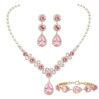 Paxuan Silver/Gold Rhinestone Crystal Wedding Bridal Bridesmaids Earrings Bracelet Set for Women Brides Bridesmaids Crystal Rhinestone Bracelet Earrings Set for Wedding Bridal Prom Pageant - color: Pink