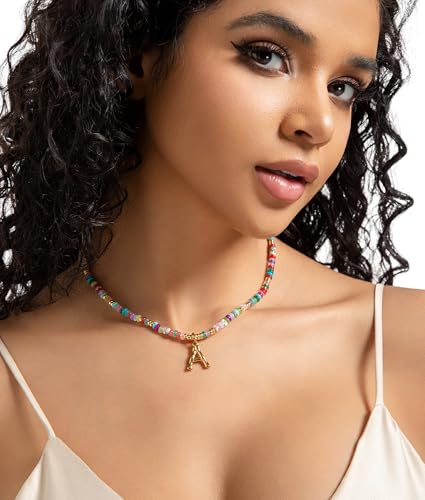 YOUFENG Initial Letter Necklaces for Women Colorful Beaded Gemstone Choker 14K Gold Plated Bamboo Letter Pendant Necklace Natural Stone Handmade Jewelry Gift - color: E