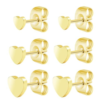 Screw on Earring Backs for Women,Hypoallergenic Surgical Steel Stud Earrings Ball Star Circle Simple Geometric Cartilage Helix Flat Back Piercing Earrings - color: 3Pairs,Gold,Heart(3-5mm)