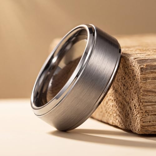 Tungsten Wedding Band Ring Black 10mm Men Women Comfort Fit 18k Rose Gold Step Edge Brushed Polished - color: Grey Tungsten