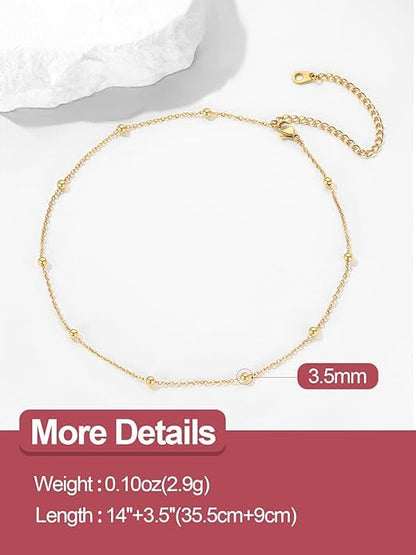 FOCALOOK Choker Necklace for Women, Double Layered Boho Beaded Choker Chain | Dainty 14K Gold Plated/Silver/Black Metal, Simple Small Satellite Beaded Chain Necklace, Hypoallergenic for Everyday Wear - color: 02.Satellite Beads-Gold