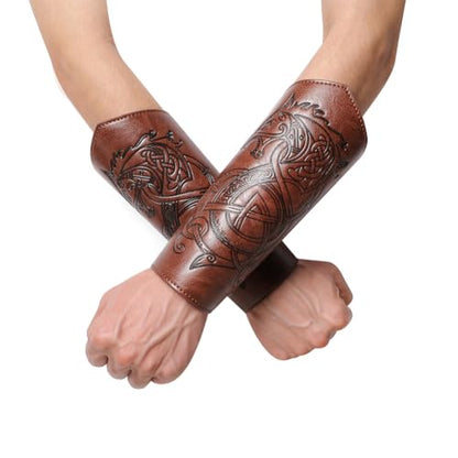 Medieval Leather Bracers Dragon Embossed Viking Leather Bracers Leather Arm Armer Cuff Leather Gauntlet Costumes Accessories - style: Dragon Leather Bracers-light Brown