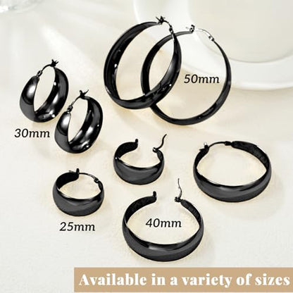 Senteria 12mm Wide Thick Sterling Silver Hoop Earrings Hypoallergenic | 14K Real Gold Plated Hoops Large Earring Lightweight Chunky Hoops Earring for Women Gift for Birthday Christmas 25/30/40/50MM - color: Black-50mm