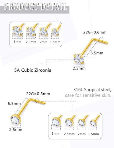 18G 20G 22G Round Cubic Zirconia Nose Rings Studs for Women Men 316L Stainless Surgical Steel Nose Ring Stud Piercing Jewelry Silver Gold Clear CZ 1.5mm 2mm 2.5mm 3mm - style: 22G L Shaped Gold