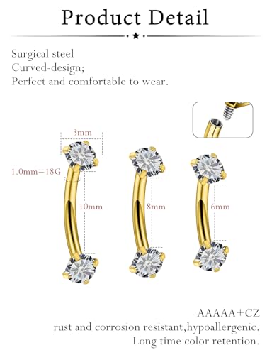 Oufksiyy 18G 16G Internal Thread Eyebrow & Rook Piercing Jewelry Surgical Steel Double Gem Eyebrow Piercings Rings Gold Silver Curved Barbell Eyebrow Ring Vertical Labret Lip Jewelry 6m 8mm 10mm - color: Gold: 18G curved barbell