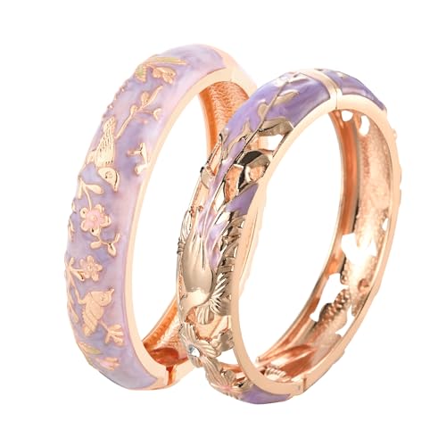 UJOY Cloisonne Indian Bangle Colored Crystal Plated Hinge Cuff Bracelet Hollowed Bird Enamel Jewelry Gift 55C49 - color: 2 Pcs/set-Purple