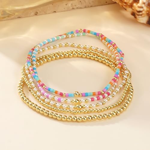 14K Gold Plated Beaded Bracelets Stack Set for Women,Stretch Boho Ball Jewelry Friendship Trendy - color: Pink