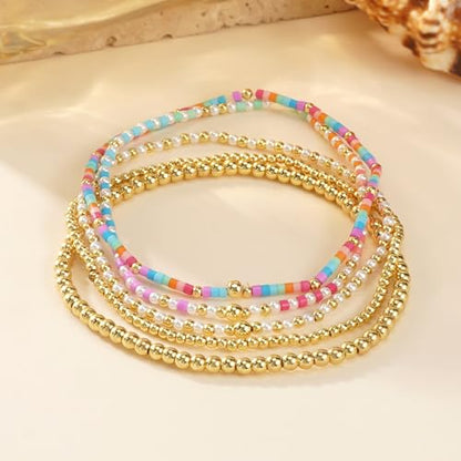 14K Gold Plated Beaded Bracelets Stack Set for Women,Stretch Boho Ball Jewelry Friendship Trendy - color: Pink