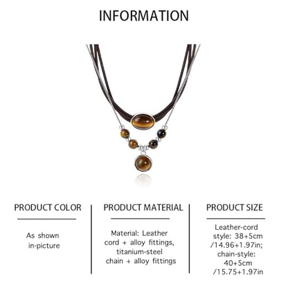 Boho Tiger's Eye Pendant Necklace for Women, Natural Stone Wax Rope Cord Choker, Beautiful Crystal Jewelry Gift with Gift Box