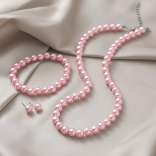 FORUBUS Imitation Pearl Jewelry Set for Women, 8mm Pearl Bead Necklace Earrings and Bracelet 3-Piece Set, 18" Round Faux Pearl Strand for Wedding, Bridal, Prom - color: Pink