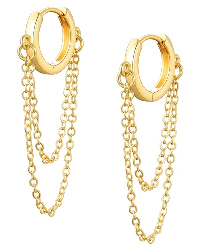 Tassel Chain Small Gold Hoop Dangle Earring For Women Huggie Earring Heart Star CZ 14K Gold Plated Fashion Jewelry Graduation Gift for Her Mothers Day Gifts for Mom - color: Gold-No zircon