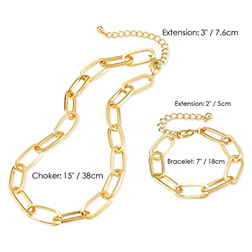 LANE WOODS Chunky Gold Necklace and Bracelet Set for Women, Paperclip Chain | Matching necklace and bracelet set, polished paperclip links, chunky statement style for layering, daily wear, and gifting - color: 15"Chain+7"Bracelet