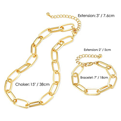 LANE WOODS Chunky Gold Necklace and Bracelet Set for Women, Paperclip Chain | Matching necklace and bracelet set, polished paperclip links, chunky statement style for layering, daily wear, and gifting - color: 15"Chain+7"Bracelet