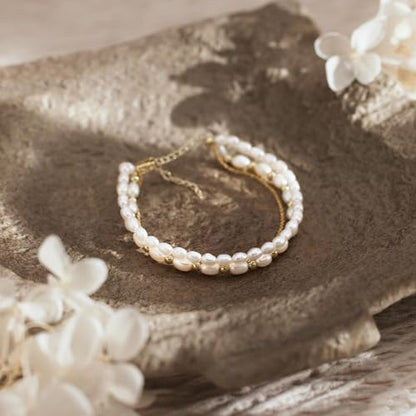 Pearl Bracelets for Women, 14k Gold Plated Dainty Beaded Bracelets Stack Link Chain Charm Bracelets Set Layered Tiny Jewelry for Women Christmas Gifts - style: GD-3
