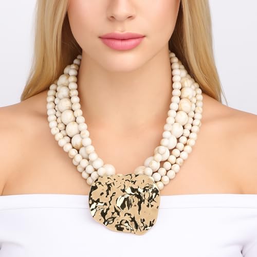 Multi Strand Bead Pendant Necklace for Women Stone Wood Pearl Jewelry | Gold Color Metal Charm Fashion Ethnic Tribal Elegant Statement - color: N1537-white