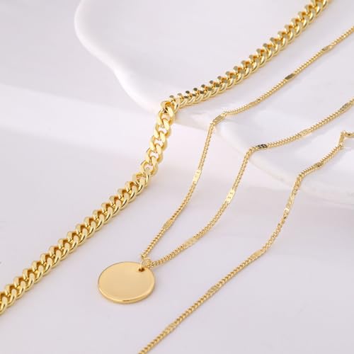 Layered Gold Silver Necklaces for Women, Stackable Stack 14K Real Gold Plated Silver Chain Necklace Diamond Circle CZ Layering Pendant Necklaces Trendy Gold Jewelry Set Gifts - color: gold, style: 3PC-Coin