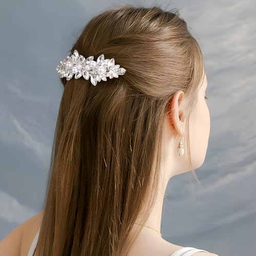 Joez Wonderful 2 Pcs Rhinestone Hair Clips, Pearl Bridal Hair Accessories for Women, Sparkly Crystal Hair Pins, Fancy Flower Hair Barrettes for Wedding, Bride (Gold, Silver) - color: Pearl (Gold, Silver)