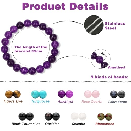 Raicegs 4 6 8MM Beaded Bracelets Healing Crystal Bracelet for Women Men Natural Stone Handmade Stretch Bracelet Reiki Spiritual Jewelry - color: Amethyst, size: 10mm