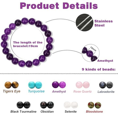 Raicegs 4 6 8MM Beaded Bracelets Healing Crystal Bracelet for Women Men Natural Stone Handmade Stretch Bracelet Reiki Spiritual Jewelry - color: Amethyst, size: 10mm