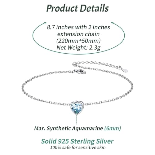 ChicSilver 925 Sterling Silver Anklets for Women, Simple Dainty Round/Heart Birthstone Ankle Bracelet Beach Foot Jewelry, 8.7-10.7 Inch Adjustable - color: 03. Heart - March(Aquamarine)