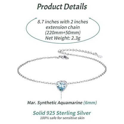 ChicSilver 925 Sterling Silver Anklets for Women, Simple Dainty Round/Heart Birthstone Ankle Bracelet Beach Foot Jewelry, 8.7-10.7 Inch Adjustable - color: 03. Heart - March(Aquamarine)