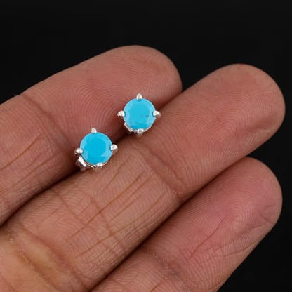 Natural 5mm Blue Turquoise Gemstone Crystal Studs Earring Pair for Women, Push Backs, Birthstone, Facet Round Stone, Gift Jewelry, Silver Plated Wholesale Bulk Jewelry