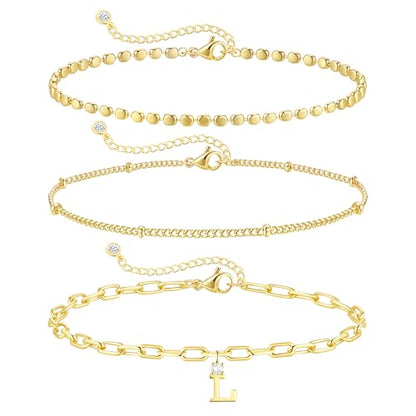 ZHESHY Gold Initial Bracelets for Women Dainty Letter A-Z Charm Bracelets Non Tarnish 14K Gold Plated Stackable Layered Paperclip Link Chain Bracelets Stack Set Personalized Gifts Womens Jewelry - color: Gold L