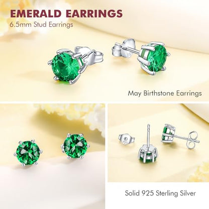 DAYBYDAY 925 Sterling Silver Birthstone Earrings for Women, Crystal Stud Earrings, 6.5mm Round Cut Solitaire Gemstone Earrings Birthday Jewelry - style: Round Cut-05. May/created emerald