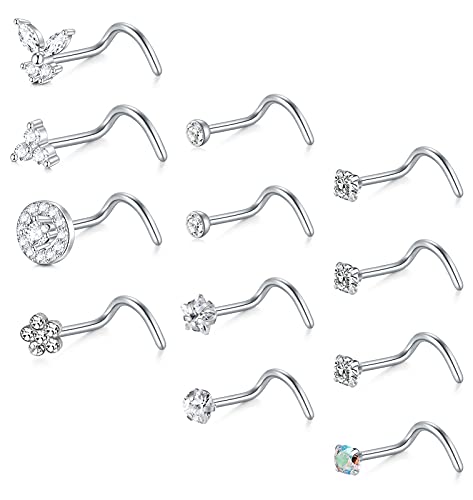 Briana Williams Nose Studs Nose Rings for Women 18G 20G Corkscrew Nose Ring Stainless Steel Nose Screw Studs Nose Rings Studs Surgical Steel Nostril Nose Piercing Jewelry - color: D -20g, silver
