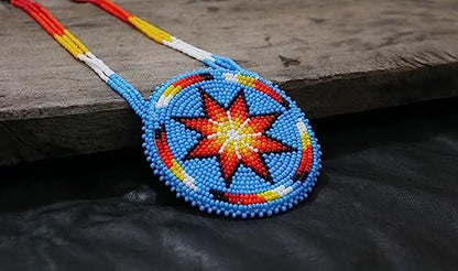 Handmade Native American Style Tribal ethnic Seed Bead Beaded Layered Medallion Necklace - color: Morning Star - Skyblue