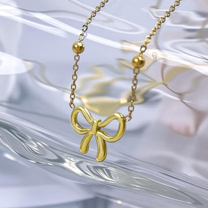 Gold Jewelry Set for Women Bow Necklace Bracelet Earrings Bowknot Jewelry | Small Bow Pendant Dainty Choker Necklaces 14K Gold Plated Beaded Stretch Bracelet Charm Christmas Thanksgiving Gifts