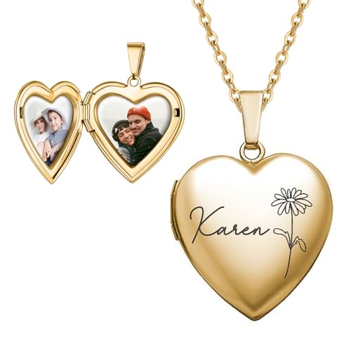 Personalized Heart Locket Necklace Customize Photo 925 Sterling Silver Picture Locket Necklace for Women Girls kids Engraved Birth Flower and Text Birthday Christmas Gifts for Women Girls Kids - color: Heart Gold