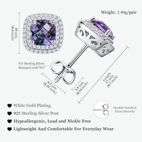 Dainty Birthstone Earrings for Women Sterling Silver Small Stud Earrings with Halo Cushion/Round Created Gemstone Earrings Birthstone Jewelry - style: A 06. Jun./created alexandrite-cushion cut