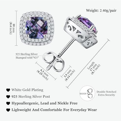 Dainty Birthstone Earrings for Women Sterling Silver Small Stud Earrings with Halo Cushion/Round Created Gemstone Earrings Birthstone Jewelry - style: A 06. Jun./created alexandrite-cushion cut