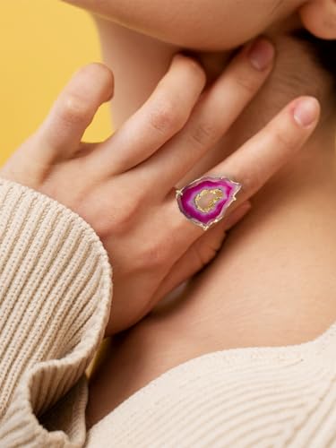 Ring Geode Druzy Slice Unique And Stylish Statement Gold Plated Jewelry Natural Gemstone Stone size 25-35 mm Approximately Adjustable Shank US Scale Size 6-9 - color: Pink